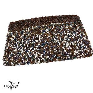 Vintage Beaded Clutch Handbag in Brown White and Multi Color Beads 8" - Hey Viv